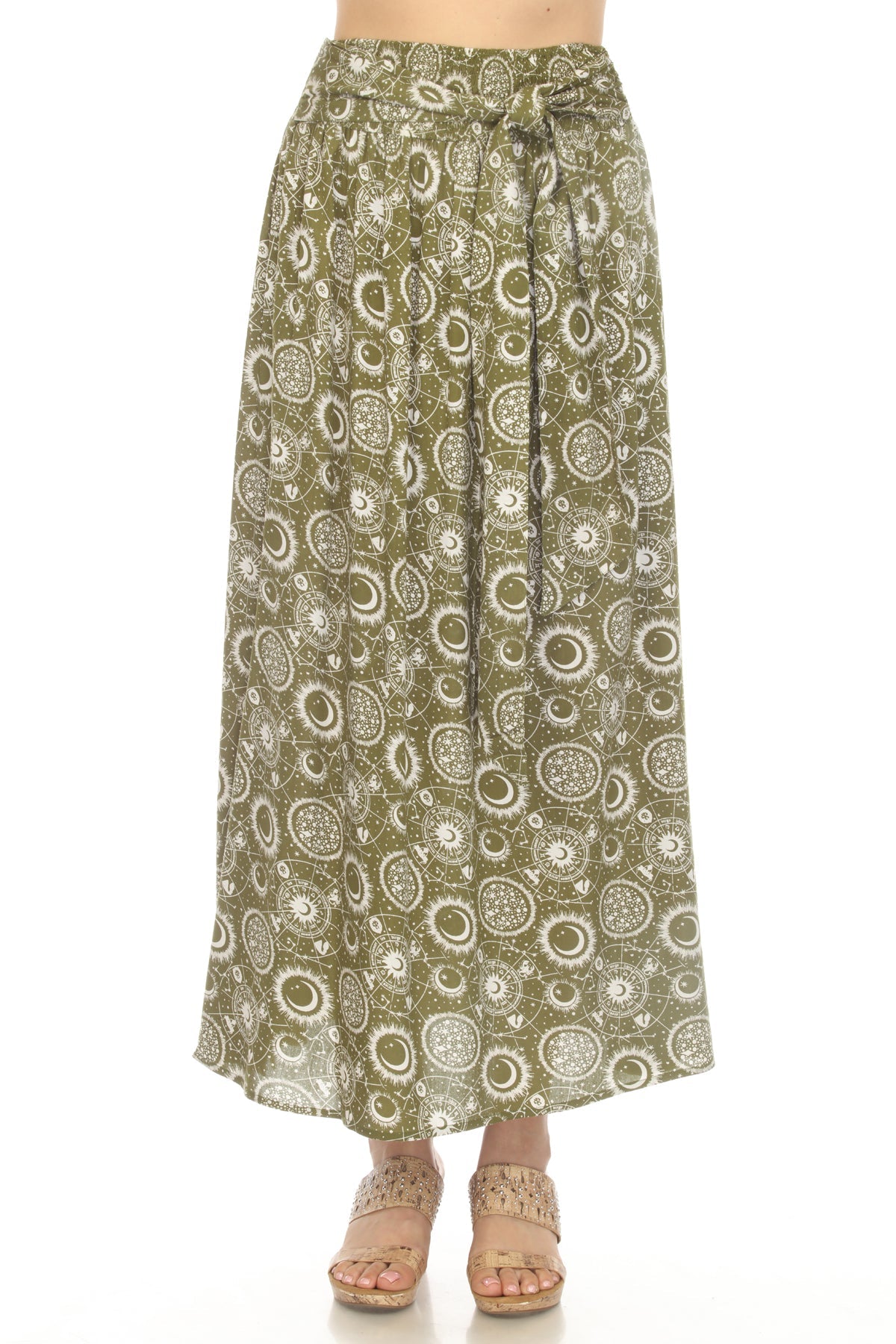 Women's Flowy Celestial Print Maxi Skirt w/ High Slit, Bow Sash