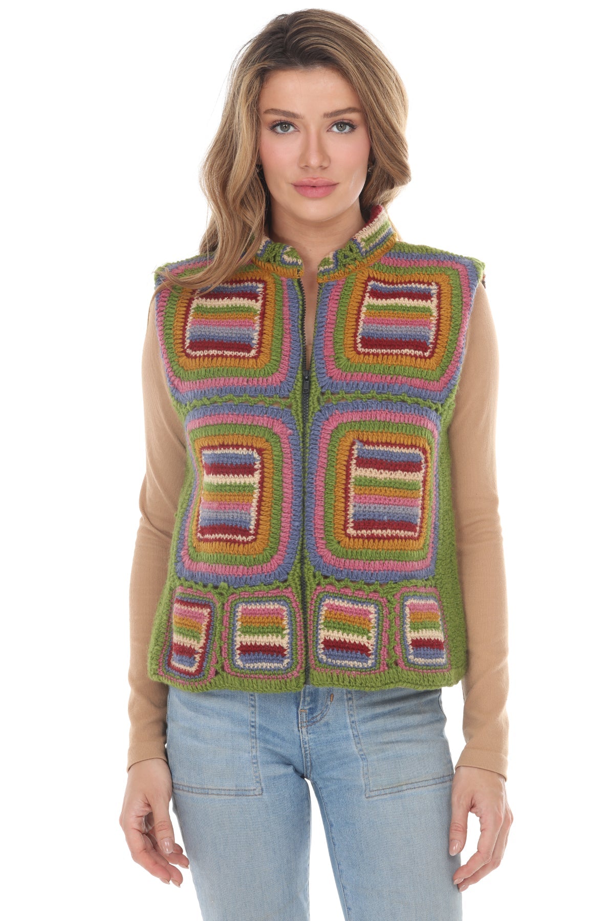 Geo Patchwork Crochet Wool Vest