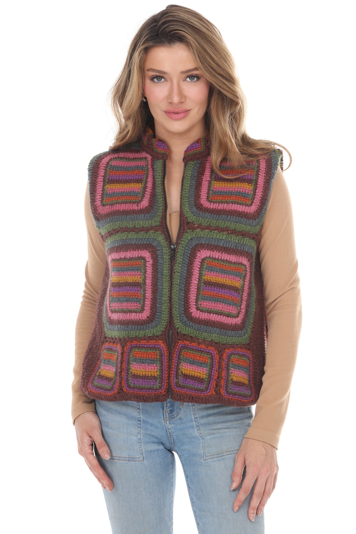 Geo Patchwork Crochet Wool Vest