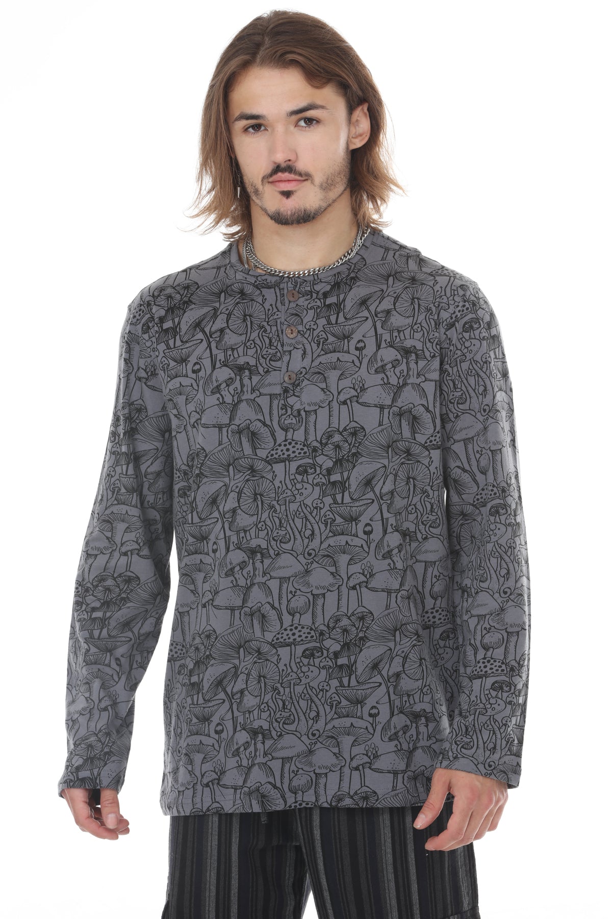 Mushroom Print Long Sleeve Henley