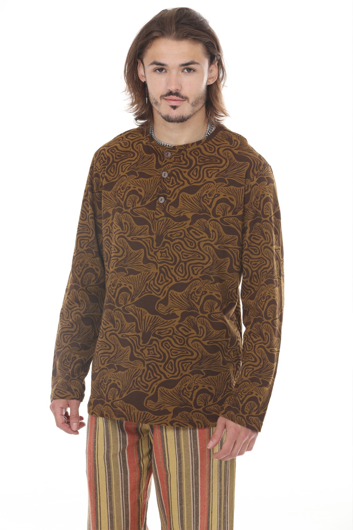Mushroom Print Long Sleeve Henley