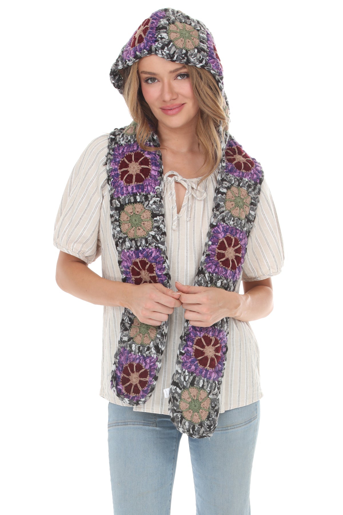 Granny Sq Crochet Hooded Scarf