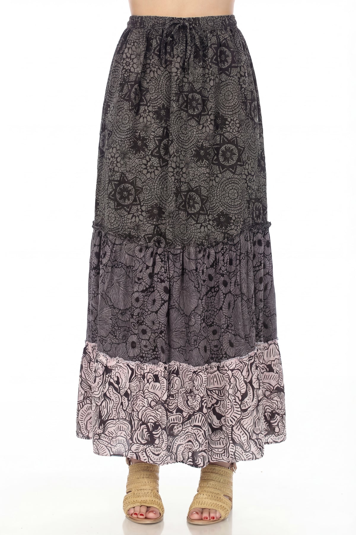 Tiered Lace Print Maxi Skirt