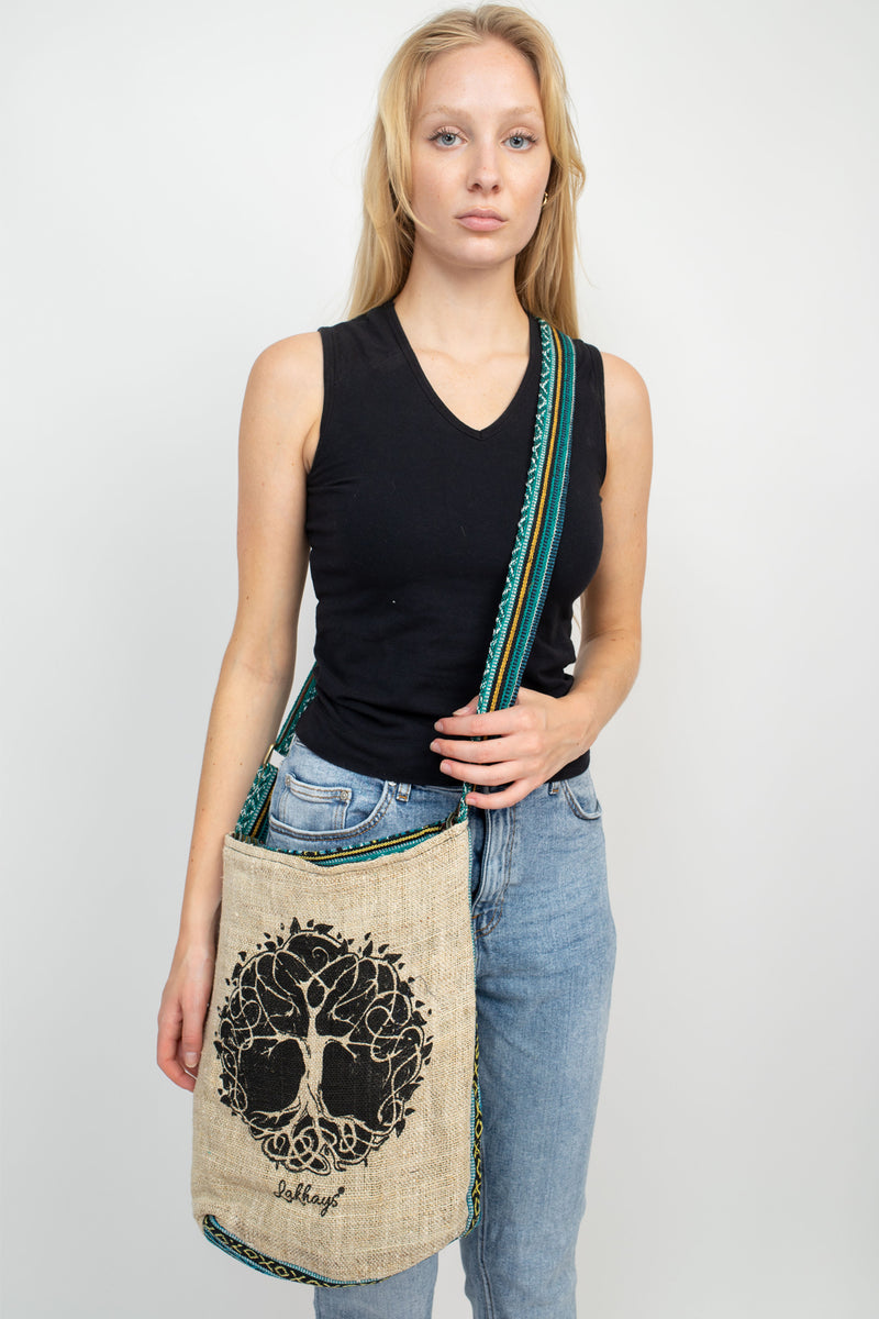 Tree of Life Canvas Crossbody Sling Purse with Tranquil Boho Stripes, Made with Hemp and Cotton, Great For Festivals, Beach, Everyday Wear & More