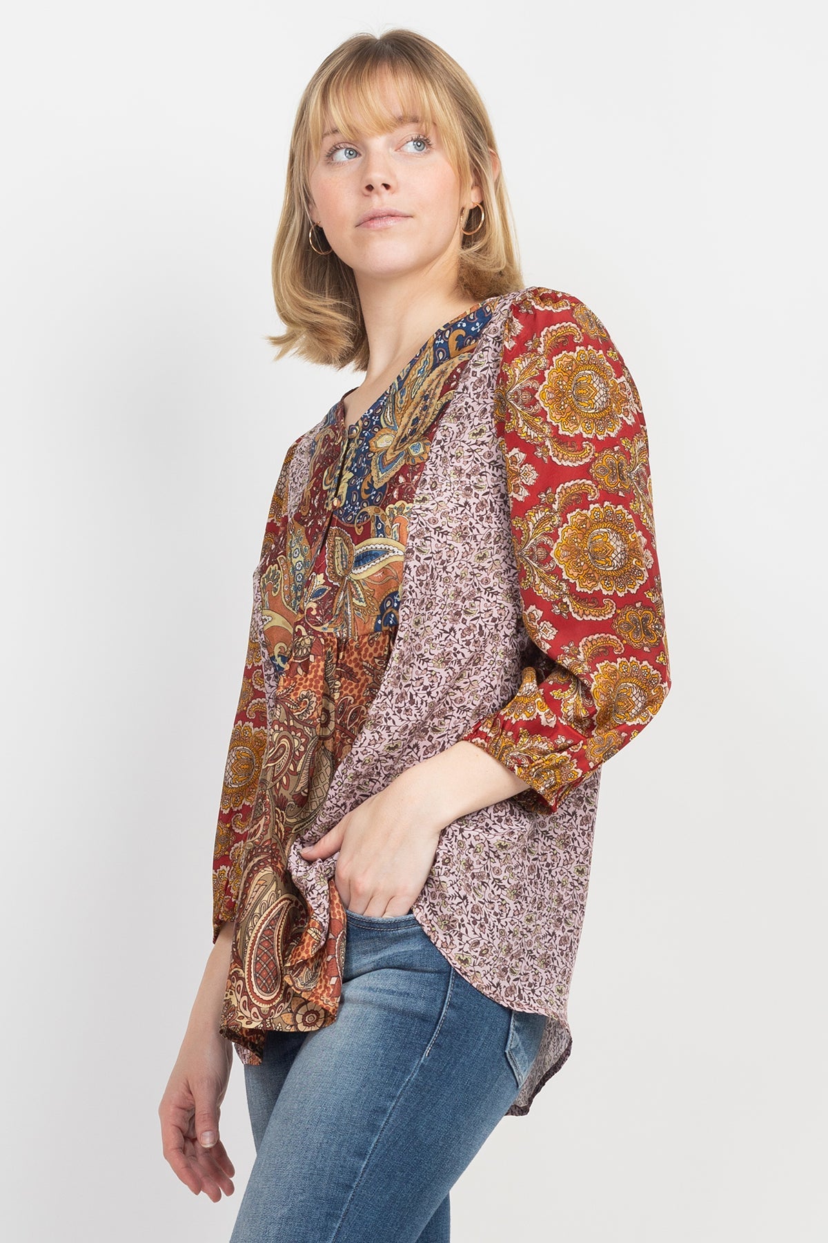 Puffed Sleeve Patchwork Blouse