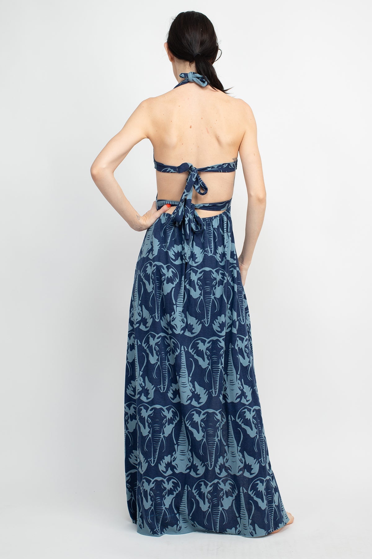 Women's Sexy Elephant Print Halter Maxi Tie Back High Slit Dress | Silly Yogi Women's Sexy Elephant Print Halter Maxi Tie Back High Slit Dress | Silly Yogi