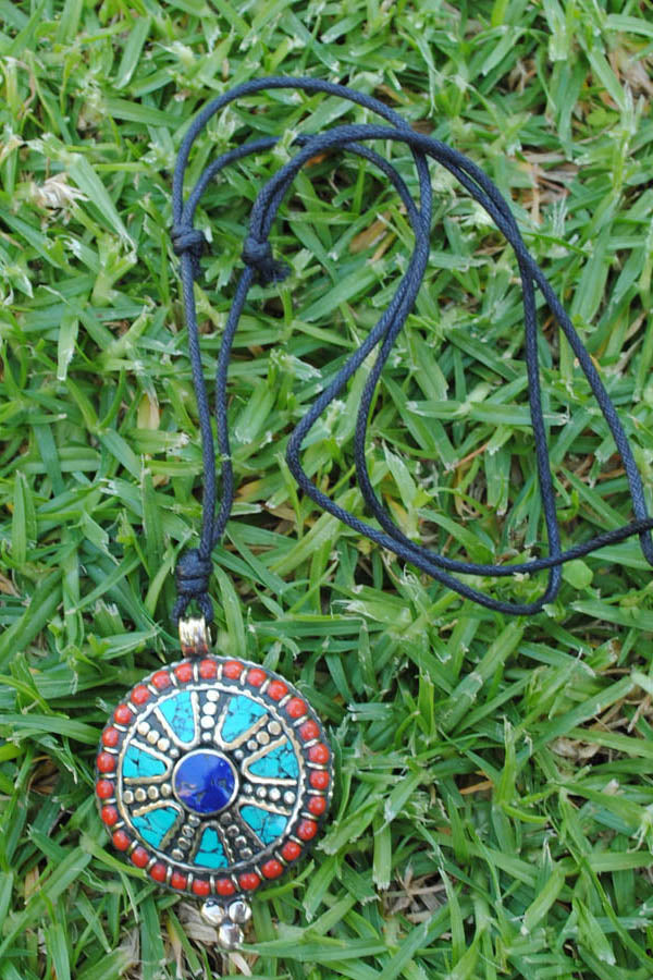 Nepal Turquoise Lapis Coral Dharma Wheel Necklace