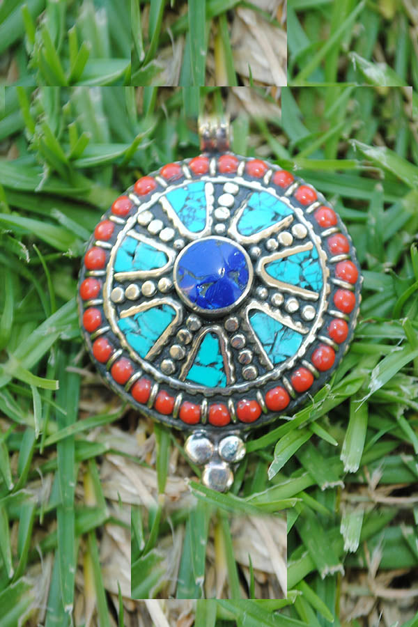 Nepal Turquoise Lapis Coral Dharma Wheel Necklace