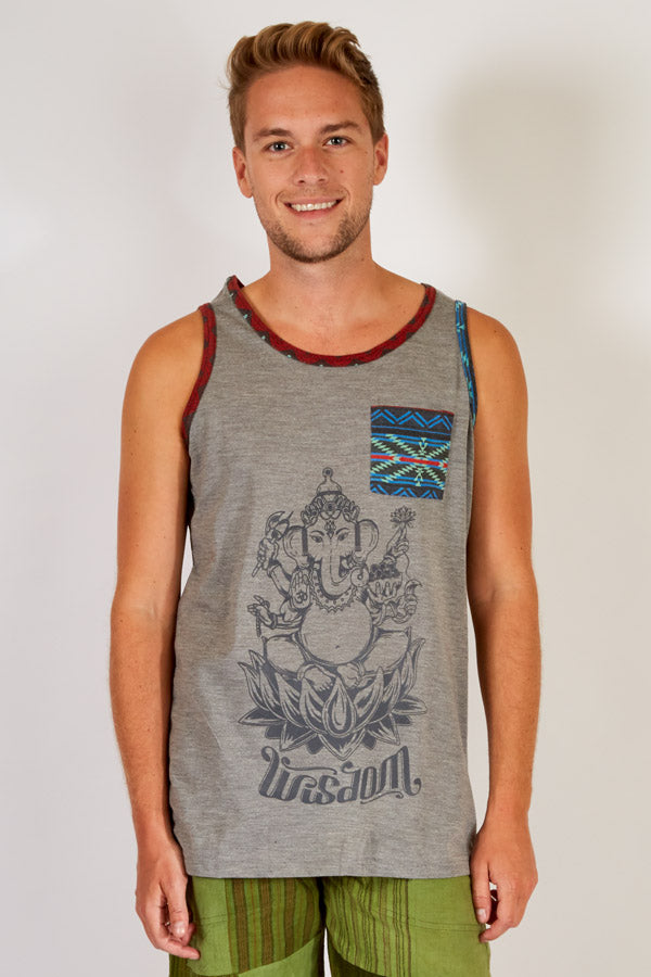Men's Grey Sleeveless Ganeshia Muscle yoga Beach Top w/Pocket