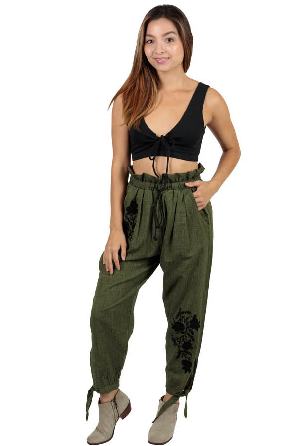 Women's Wildflower Gypsy Dance Cuffed Floral Embroidery Harem Lounge Pant