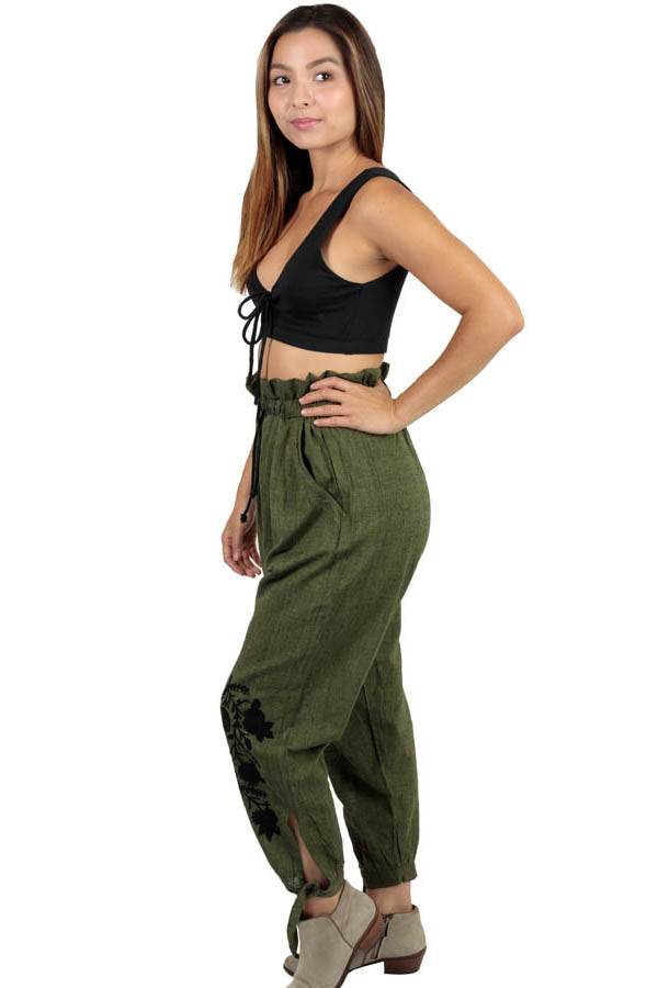 Women's Wildflower Gypsy Dance Cuffed Floral Embroidery Harem Lounge Pant