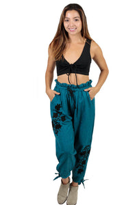 Women's Wildflower Gypsy Dance Cuffed Floral Embroidery Harem Lounge Pant
