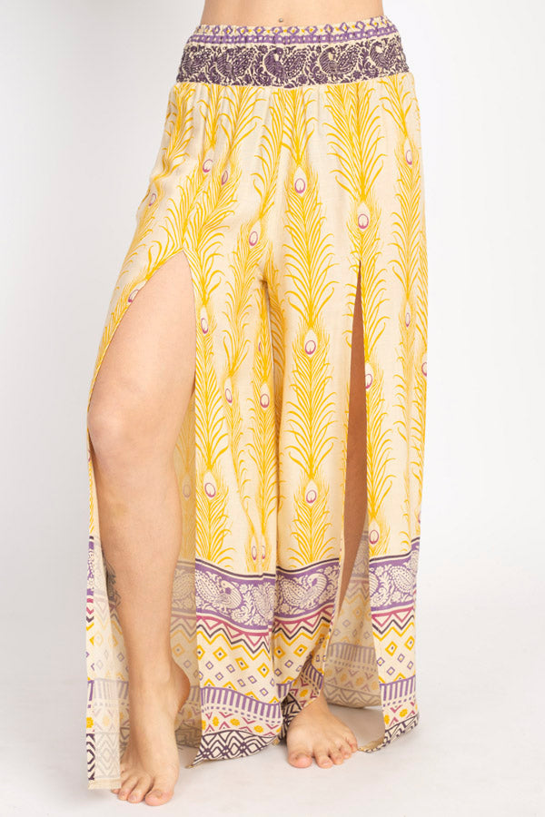 Peacock Print Slit Flowy Pants