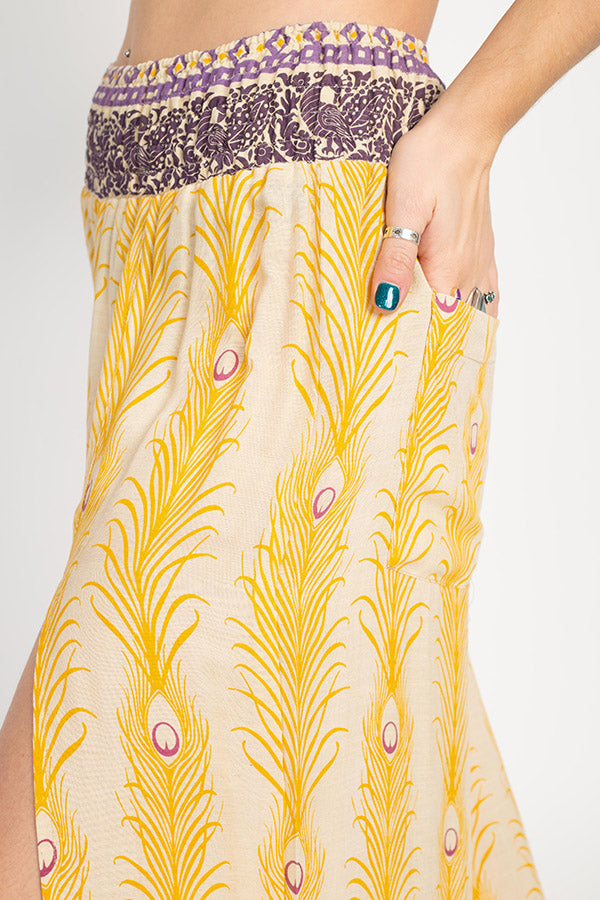 Peacock Print Slit Flowy Pants