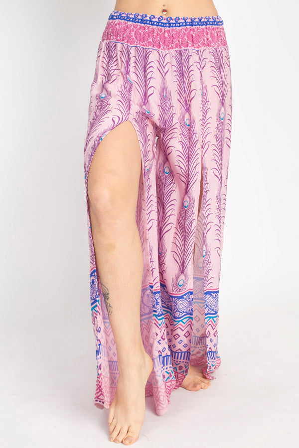 Peacock Print Slit Flowy Pants