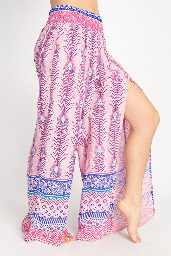 Peacock Print Slit Flowy Pants