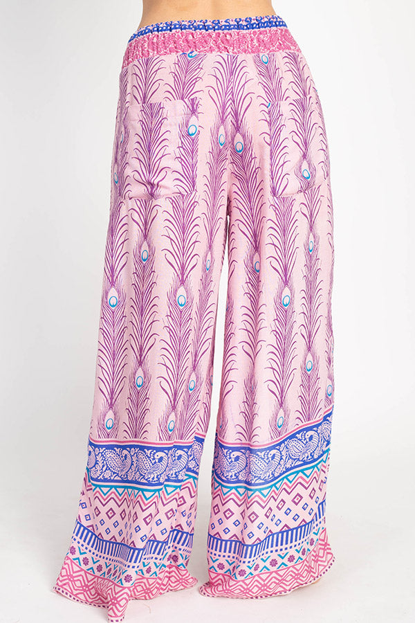 Peacock Print Slit Flowy Pants