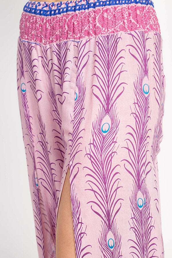 Peacock Print Slit Flowy Pants