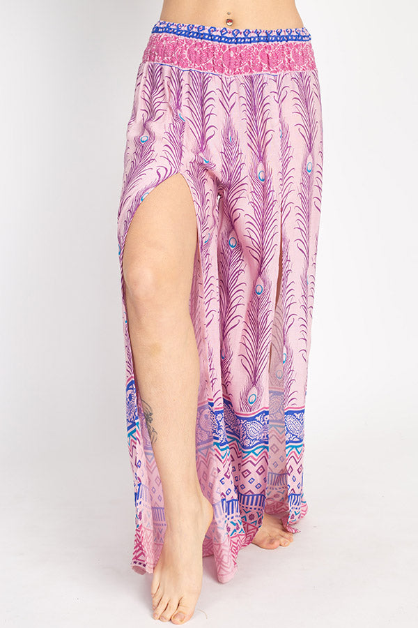 Peacock Print Slit Flowy Pants