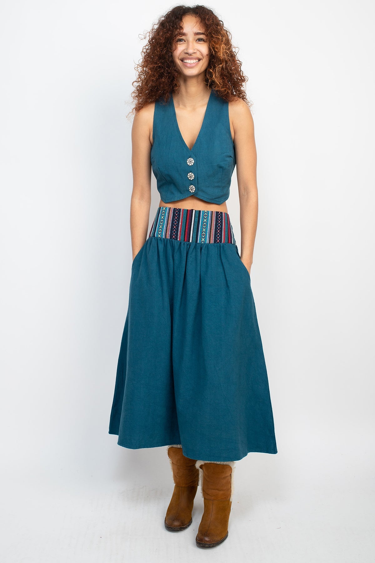 Homespun Striped Yoke Midi Skirt