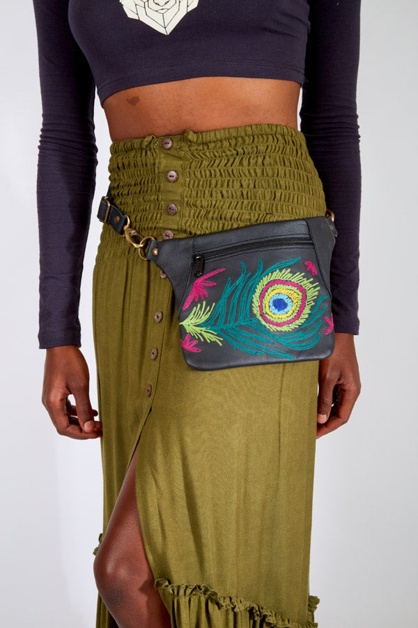 Embroidered Peacock Leather Belt Bag