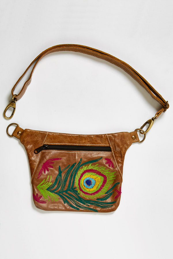Embroidered Peacock Leather Belt Bag