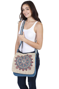 Silly Yogi Om Tree Graphic Woven Hemp Messenger Bag-Natural-one Size