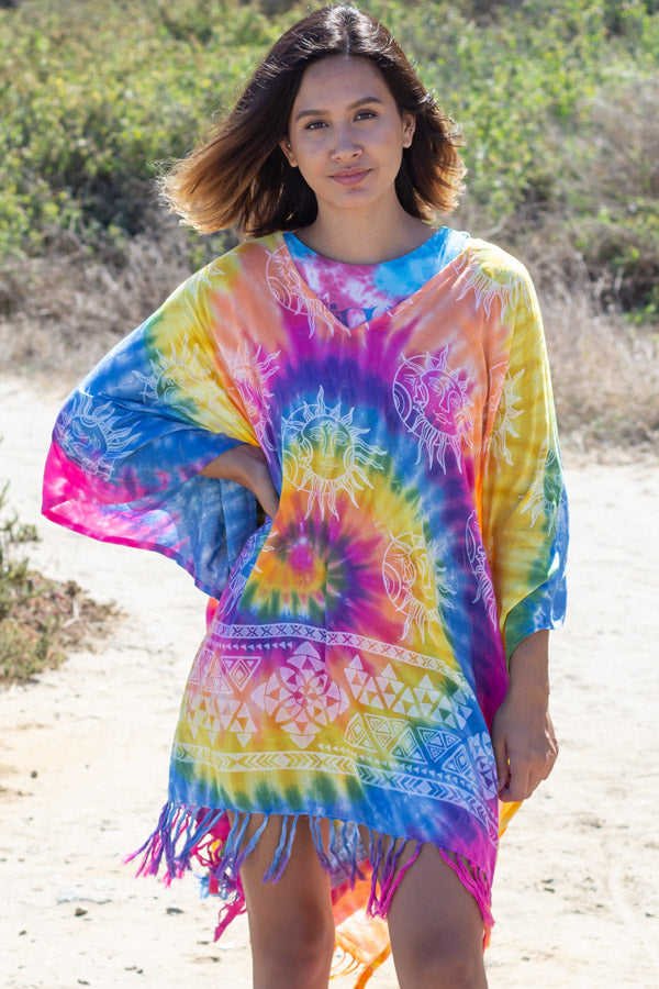Celestial Rainbow Tie-Dye Fringed Poncho