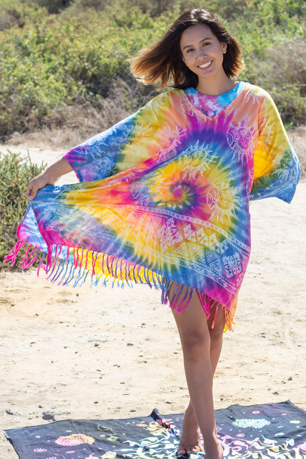 Celestial Rainbow Tie-Dye Fringed Poncho